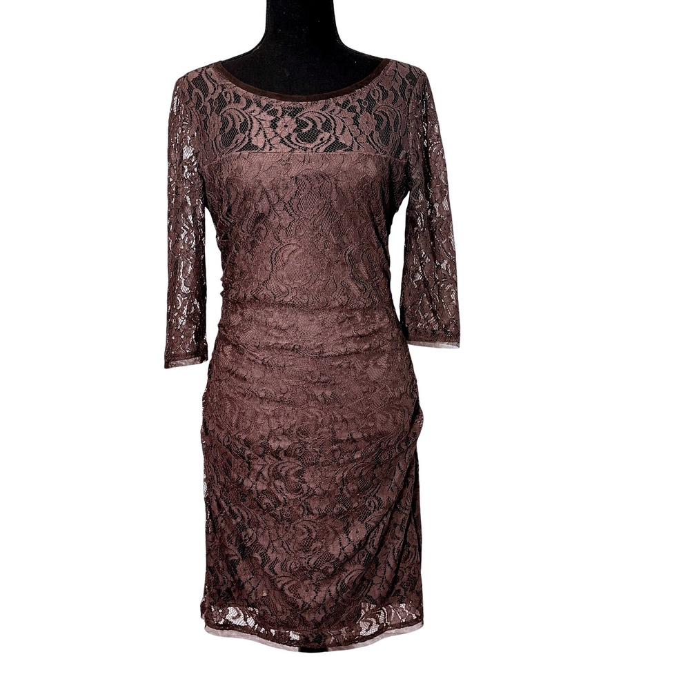 Madandcleo Womens Brown Lace Ruched Bodycon Dress Size 6 Cocktail Wedding Guest‎